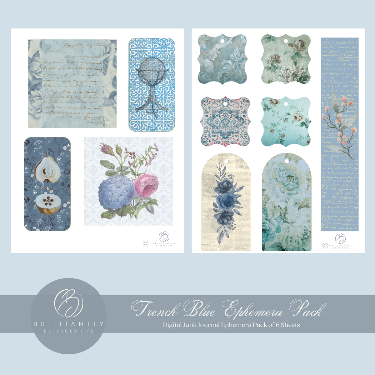 Forget Me Not Junk Journal Kit, Blue Ephemera Pack, Flower Stationery, Blue  Bird Bullet Journal Supplies, French Blue, Digital Download 